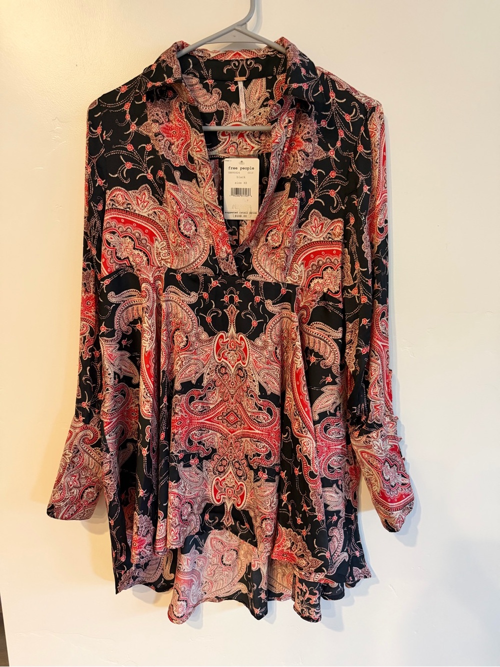 Free People Black and Red Paisley V-Neck Tunic